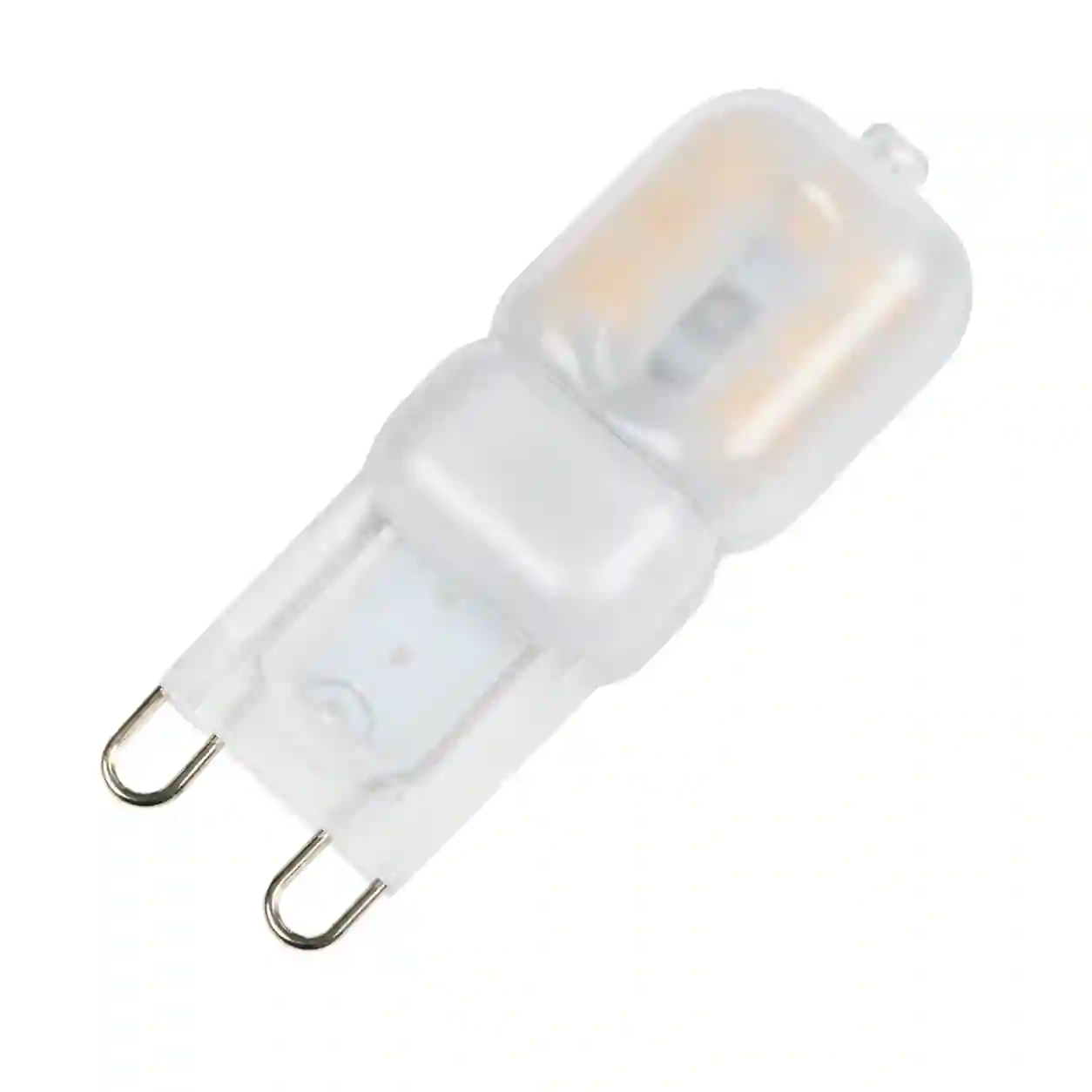 Detail LED žárovky G9 s paticí a kapslovým tělem z boku